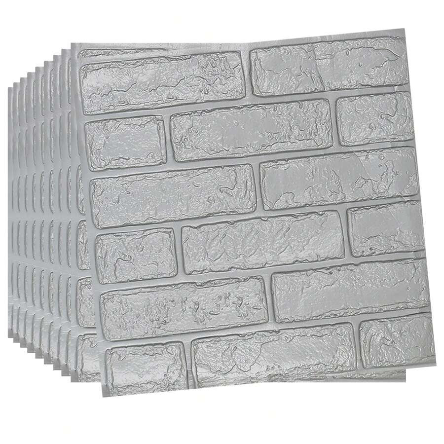 FXLTSBL Wall Panels Self-Adhesive 10 Pieces 3D 35 X 35 Cm Brick Wallpaper Stone Look Wall Sticker Waterproof Wall Wallpaper For Kitchen Bedroom Bathroom Living Room - 銀色 - 查看 1