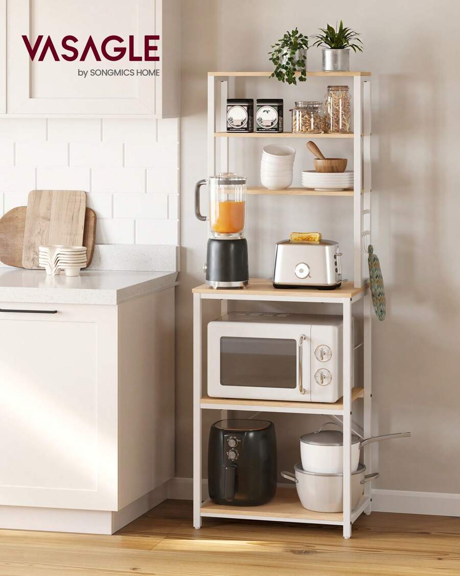 SONGMICS HOME Estantería de Cocina, Estantería de Panadería, 6 Estantes y 6 Ganchos, para Microondas, Marco de Acero, Industrial, 40 x 60 x 167 cm, Roble y Blanco - Blanco - Ver 1