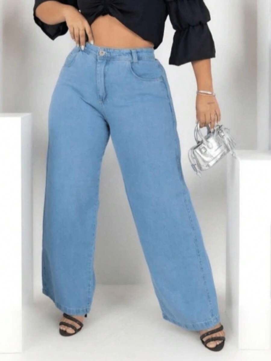 Plus Size Jeans - 中等水洗藍 - 查看 1