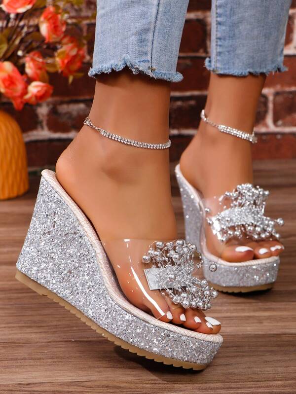 10cm Wedge Heel High Platform Waterproof Outdoor Women Shoes Summer New Fashion Transparent Gold Beaded Decoration Peep Toe Slippers