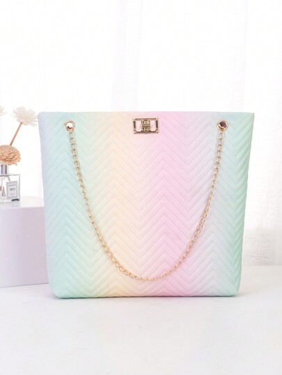 1pc Women Metal Chain Shoulder Tote Bag, Fashion Geometric Pattern Contrast Color Shopping Bag, Minimalist Summer Handbag