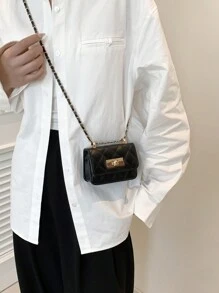 新款迷你方形包女士单肩包，菱形网格，缝线设计，材质，编织链条和翻盖设计，可爱的斜挎包和配饰包 - 黑色 - 查看 6