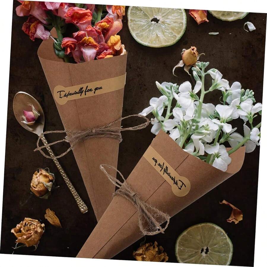 50入組牛皮紙卷帶雙面膠和貼紙，花束禮品包裝紙，賀卡，乾花配件適用於活動派對DIY禮品 - 棕色 - 查看 1