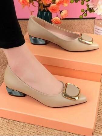 2024 Spring New Arrival Women's Chunky Heel Shoes, Pointed Toe Square Buckle Large Size Fashionable Casual Simple Style