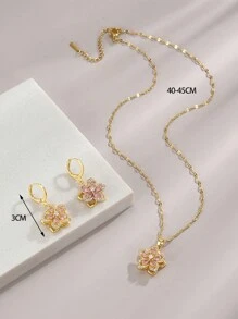 1pc Stainless Steel Ladies Necklace With Five-Petal Cubic Zirconia Flowers + 1pair Ladies Stainless Steel Earrings With Five-Petal Cubic Zirconia Flowers Valentines,Mom,Mother,Mother's Day,Gift