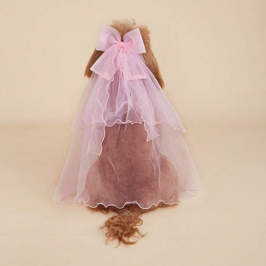 1個寵物髮飾夾，粉色可愛貓狗造型，適用於寵物婚禮裝飾 - 粉色 - 查看 1