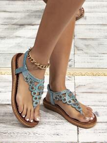 大尺碼中空女鞋 跨境大尺碼中空波西米亞扁平水晶女鞋 波西米亞風格舒適女鞋夏季A866 - 淺藍色 - 查看 2