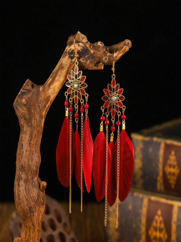 Brincos Longos Vintage Bohemian Tassel Feather para Mulheres
