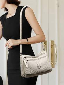 High Quality Soft PU Leather Shoulder Bag For Women 2024 Casual Multi-Layer Crossbody Bag Luxury Designer Washable Messenger - Beige - View 6
