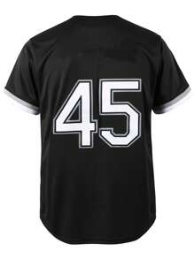 Stile da ragazzo, maglietta 45 nera da baseball per uomo, casual a maniche corte, con ricamo e cucitura, scollo a V, con bottoni, adatta per feste e sport