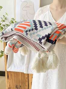 1pc Geometric Pattern Bed Blanket, Nordic Style Polyester Rectangle Knitted Bed Blanket Suitable For Home And Office Use, Daily Use