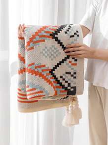 1pc Geometric Pattern Bed Blanket, Nordic Style Polyester Rectangle Knitted Bed Blanket Suitable For Home And Office Use, Daily Use