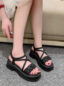 女凉鞋2025新款夏季韩版时尚厚底纯色百搭交叉绑带罗马沙滩凉鞋
