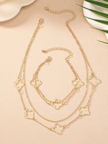 One Hollow Out Clover Pendant Necklace And One Hollow Out Clover Pendant Chain Bracelet, European And American Retro Elegant Lady Layered Multilayer Necklace/Bracelet Set Valentines,Mom,Mother,Mother's Day,Gift - Yellow Gold - View 5