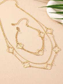 One Hollow Out Clover Pendant Necklace And One Hollow Out Clover Pendant Chain Bracelet, European And American Retro Elegant Lady Layered Multilayer Necklace/Bracelet Set Valentines,Mom,Mother,Mother's Day,Gift - Yellow Gold - View 6