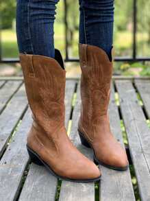 Botas femininas com salto grosso bordado, moda bico fino confortável em couro falso no estilo cowboy, Botas de Equitação Retro de Cano Alto com Corte em V no estilo ocidental, Botas de Inverno