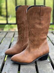 Botas femininas com salto grosso bordado, moda bico fino confortável em couro falso no estilo cowboy, Botas de Equitação Retro de Cano Alto com Corte em V no estilo ocidental, Botas de Inverno