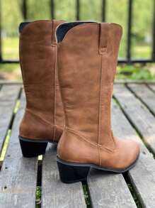 Botas femininas com salto grosso bordado, moda bico fino confortável em couro falso no estilo cowboy, Botas de Equitação Retro de Cano Alto com Corte em V no estilo ocidental, Botas de Inverno