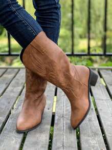 Botas femininas com salto grosso bordado, moda bico fino confortável em couro falso no estilo cowboy, Botas de Equitação Retro de Cano Alto com Corte em V no estilo ocidental, Botas de Inverno