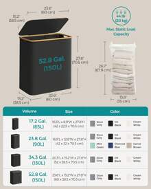 SONGMICS Laundry Basket With Lid, 3-Section Large Laundry Hamper, 150L, Removable Mesh Liner, Oxford Fabric, Bamboo Handles, Collapsible, 60 X 38.5 X 70.5 Cm, Ink Black - 黑色 - 查看 5