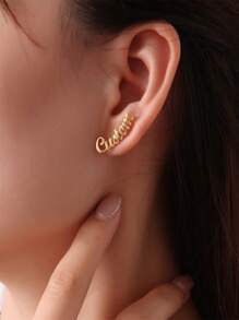 1pair Customized Everyday Name Stud Earrings, Minimalist Name Earrings, Personalized Stainless Steel Text Stud Earrings For Women, Valentine's Day Gifts, Bridesmaid Gifts, Christmas Gifts, Mother's Day Gifts, Gifts For Her,Gold,Stylish,Colorful,Vintage,Simple,Unisex,Casual,Cuties,Custom,Personalized,Unique,Ideal Gifts For Him,Ideal Gifts For Her,Her,Boyfriend,Girlfriend,Dad,Mom,Family,Friends,For Anniversaries,For Birthdays,For Graduation,For Prom,For Party,Stainless Steel Jewelry - Gold - View 6