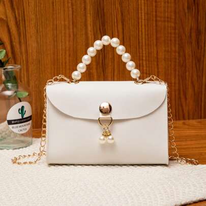 Bolso de mano cruzado para mujer decorado con cadena de perlas sintéticas