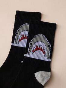 2 Pairs Shark Graphic Sports Casual Mid-Calf Socks