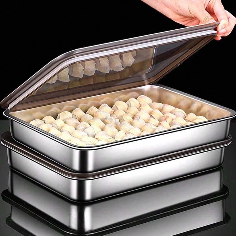 一個不銹鋼餃子保鮮盒，304密封冷凍容器，適合存儲冷凍食品，餃子和雲吞，帶有蓋子可疊放於冰箱和冷凍庫中