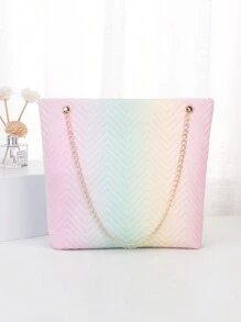 1pc Women Metal Chain Shoulder Tote Bag, Fashion Geometric Pattern Contrast Color Shopping Bag, Minimalist Summer Handbag