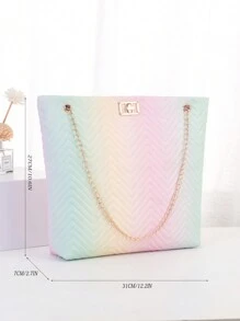 1pc Women Metal Chain Shoulder Tote Bag, Fashion Geometric Pattern Contrast Color Shopping Bag, Minimalist Summer Handbag