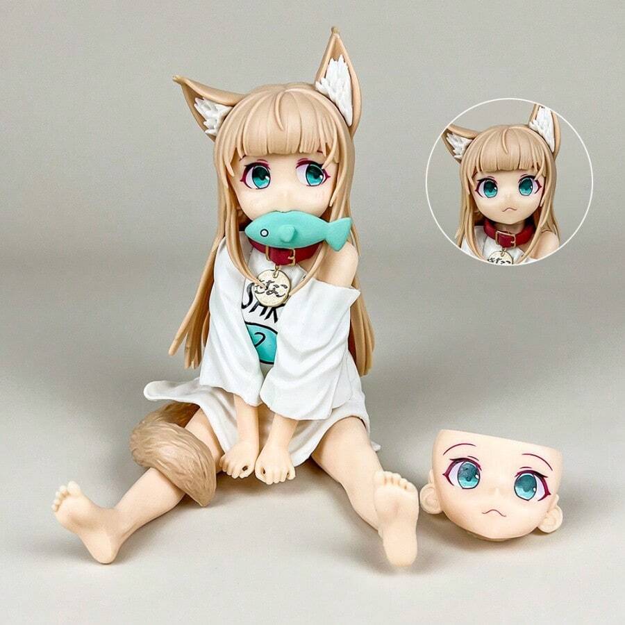 Yellow Soybean Powder Handmade Cat Girl Eating Fish Sitting 2D Cute Model Decoration Anime Peripheral Ornament - Soybean Powder Cat Girl - View 1