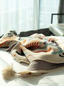 1pc Geometric Pattern Bed Blanket, Nordic Style Polyester Rectangle Knitted Bed Blanket Suitable For Home And Office Use, Daily Use