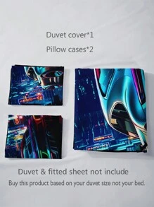 3PCS Cool Racing Car Print Bedding Set (1 Duvet Cover, No Filling & 2 Pillowcases, No Filling). HD Print For Home Or Dorm Room