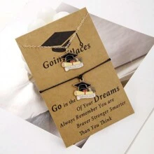 2pcs/Set Necklace + Bracelet, New Graduation Season Card Bracelet With Golden Flower, Doctoral Cap Rope Braid Graduation Bracelet Greetings Gift, College Style Jewelry, Versatile Accessories For Friend And Festivals