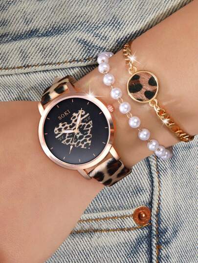 SOKI SOKI 1 set de montre pour femme, comprenant un bracelet en PU imprimé léopard, une montre à quartz avec cadran en forme de cœur personnalisé et un bracelet perles imprimé léopard. Convient pour un port quotidien, un cadeau d'anniversaire, une fête, un rassemblement de vacances. Cadeau idéal pour vous-même ou vos amis.