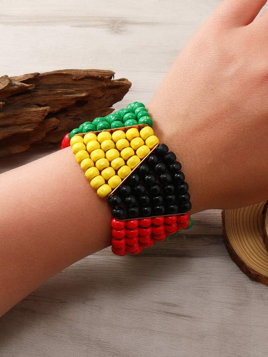 女士时尚复古串珠手工彩色弹性手链，休闲波西米亚风格腕带 - 星星 - 查看 1