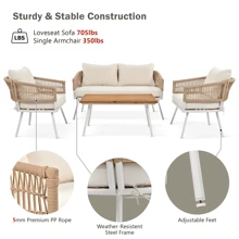 MERAX 4-Piece Boho Rope Patio Furniture Set, Outdoor Furniture With Acacia Wood Table, Patio Conversation Set With Deep Seating & Thick Cushion For Backyard Porch Balcony - 米色 - 查看 3