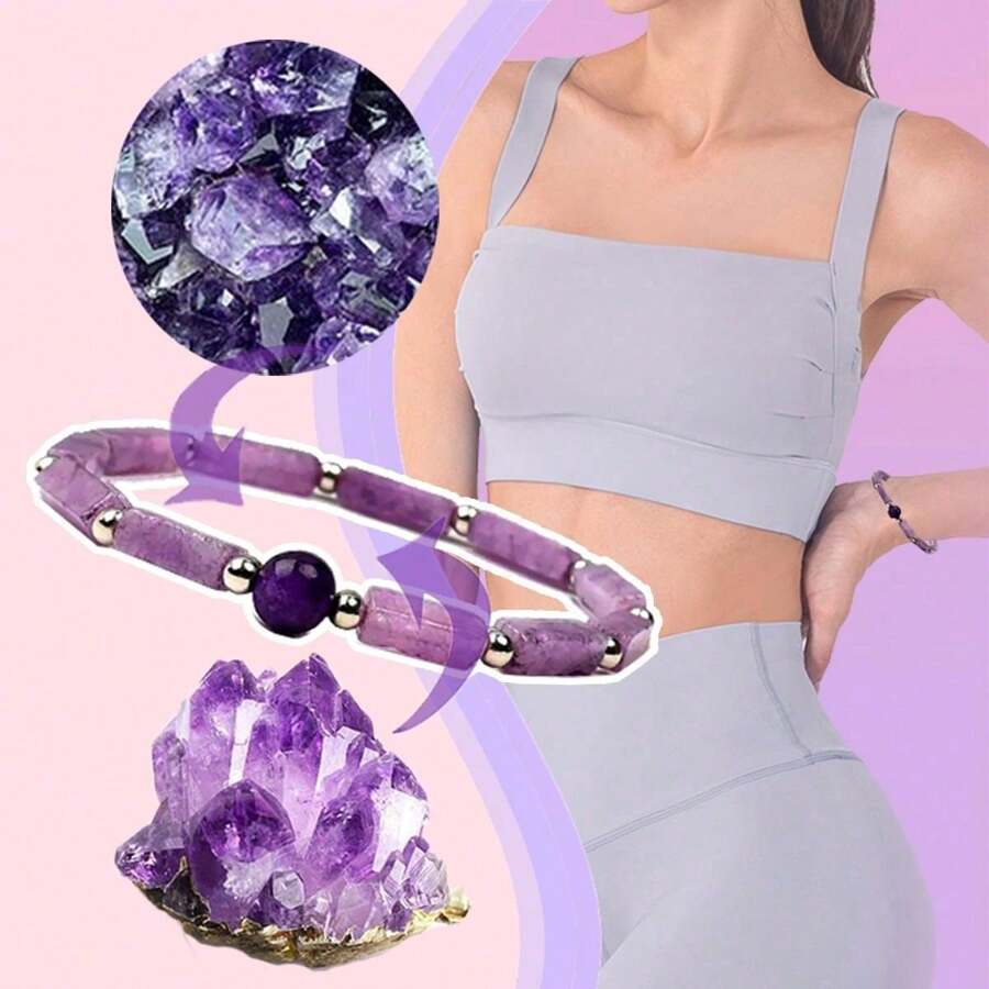 矩形天然紫水晶石手链 身体净化瘦身手链 女士能量石手链 减肥手链 缓解疲劳 疗愈瑜伽-紫色 - 紫色 - 查看 1
