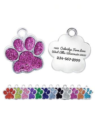 1 pieza Placa de identificación personalizada para mascotas de tamaño pequeño con diseño de huella de perro en color rosa y plateado. La parte trasera de la placa se puede personalizar con el nombre de la mascota, información de contacto, dirección, etc. Esta placa de identificación para mascotas grabada y antirrobo es adecuada para perros y gatos pequeños. Ornamental, grabado, acero inoxidable, elegante, de moda, colorido, vintage, lindo, compacto, adorable, personalizado, único, personalizado, para aniversarios, para cumpleaños