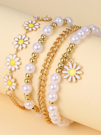 1 set de 4 piezas de brazaletes de flores y perlas de imitación con diseño bohemio de girasol y cuentas doradas, accesorio manual con diseño creativo de playa, regalo para el Día de la Madre, Madre, Valentine