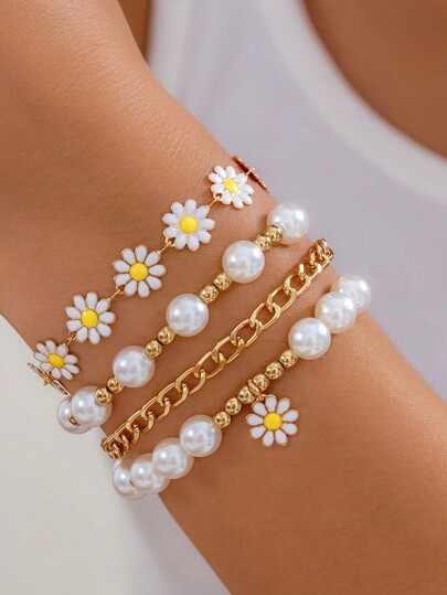 1 Set Of Flower & Faux Pearl Bracelets 4 Pieces Bohemian Style Sunflower & Golden Bead Hand Accessories With Creative Beach Design Valentines,Mom,Mother,Mother's Day,Gift