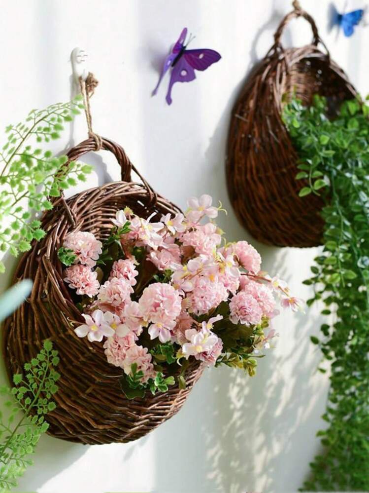 1個 手作りの籐装飾フラワーバスケット、壁掛け式プランター、ホーム