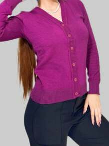 Cardigan  feminino de tricot com botões manga longa - Fúcsia - Visão 2