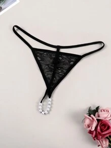 Phụ nữ T Back G String Ngọc trai giả Chuỗi Low Rise Tóm tắt Quần lót Thông gợi cảm, Màu đen - màu đen - Xem 4