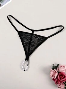 Phụ nữ T Back G String Ngọc trai giả Chuỗi Low Rise Tóm tắt Quần lót Thông gợi cảm, Màu đen - màu đen - Xem 3