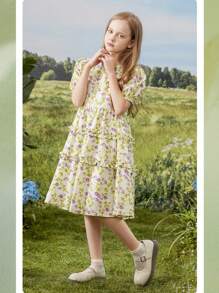 1pc Girls Ditsy Floral Puff Sleeve Frill Trim Princess Dress - Multicolor - View 2