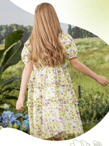 1pc Girls Ditsy Floral Puff Sleeve Frill Trim Princess Dress - Multicolor - View 5