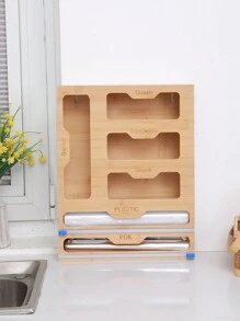 竹製多功能錫箔/塑膠包裝/保鮮袋收納盒香料架組織者，多功能廚房收納架 - 杏色 - 查看 4