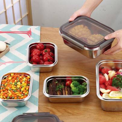 304 Stainless Steel Food Storage Container, Airtight Seal, Portable, Suitable For Refrigerator & Microwave Heating, &