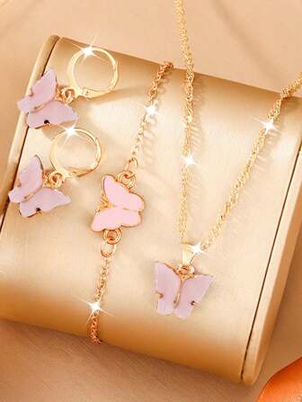 4入組蝴蝶形亞克力和合金珠寶套裝，包括項鍊，耳環，手鐲，適合女孩